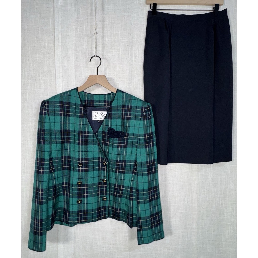 Vintage Le Suit Blazer Skirt Set Sz 10 Navy Blue‎ Green Plaid Double Breasted